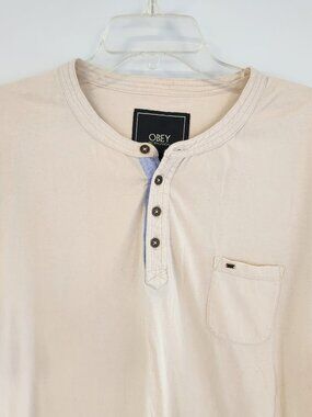Obey Propaganda Henley Long Sleeve Tee Cream Pocket Shirt Size L Minimalist Stre
